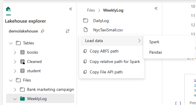 Schermopname van het contextmenu van bestanden in Lakehouse.