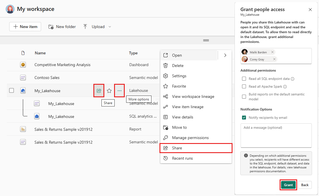 Schermopname van de opdrachten voor het delen van lakehouse-toegang met andere gebruikers.