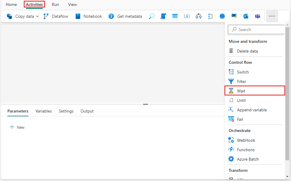 Screenshot of the Fabric UI with the Activities pane and Wait activity highlighted.