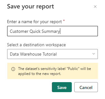 Schermopname van het dialoogvenster Uw rapport opslaan met de rapportnaam Klant sneloverzicht ingevoerd.