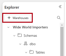 Schermopname van het deelvenster Explorer, met de knop + Warehouse gemarkeerd.