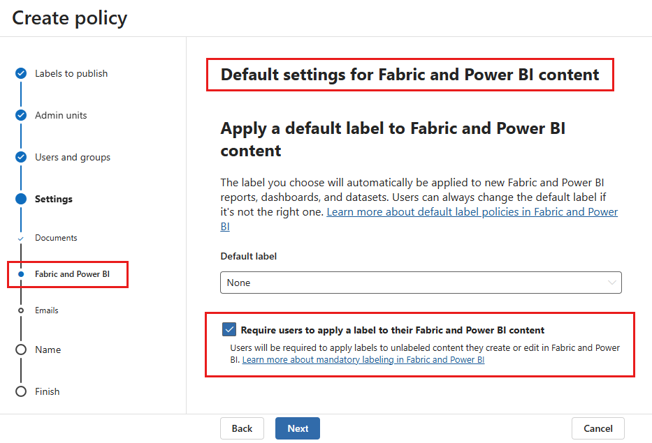 Schermopname van verplichte labelinstelling in de Microsoft Purview-nalevingsportal.