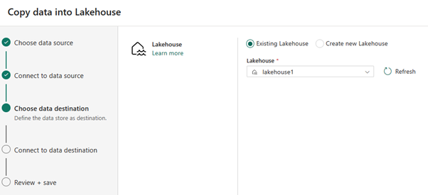 Schermopname die laat zien hoe u destination lakehouse selecteert.