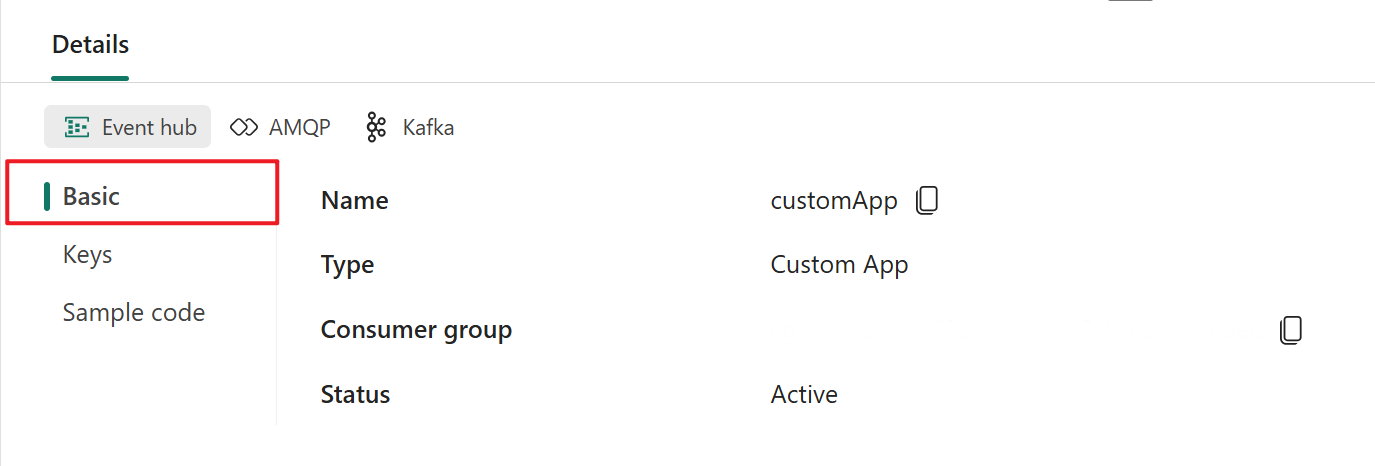 Schermopname van basisdetails voor een aangepaste app in het deelvenster Details van een eventstream.