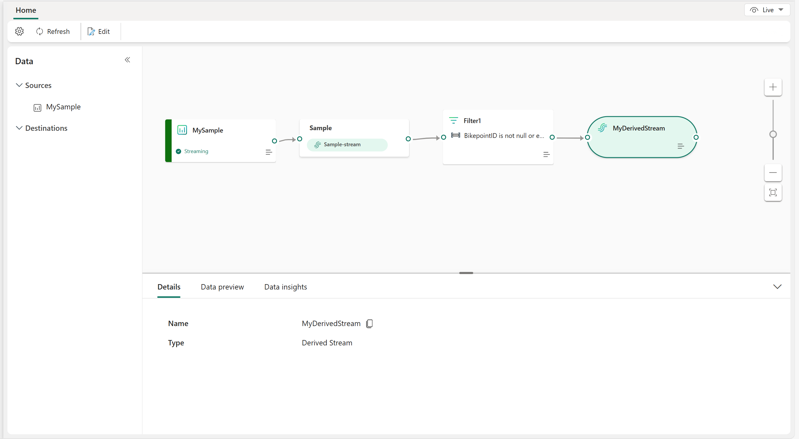 Schermopname van de eventstream in de liveweergave met het deelvenster Details.