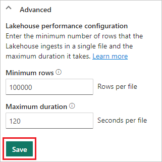 Een schermopname van de sectie Geavanceerd van het lakehouse-configuratiescherm.