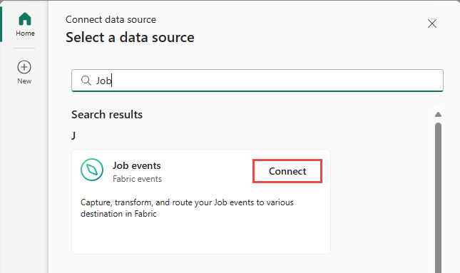 Schermopname die de selectie van Fabric Job-gebeurtenissen als het brontype in het venster Een gegevensbron selecteren toont.
