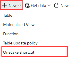 Schermopname van het tabblad Start met de vervolgkeuzelijst van de knop Nieuw. De optie met de titel OneLake-snelkoppeling is gemarkeerd.