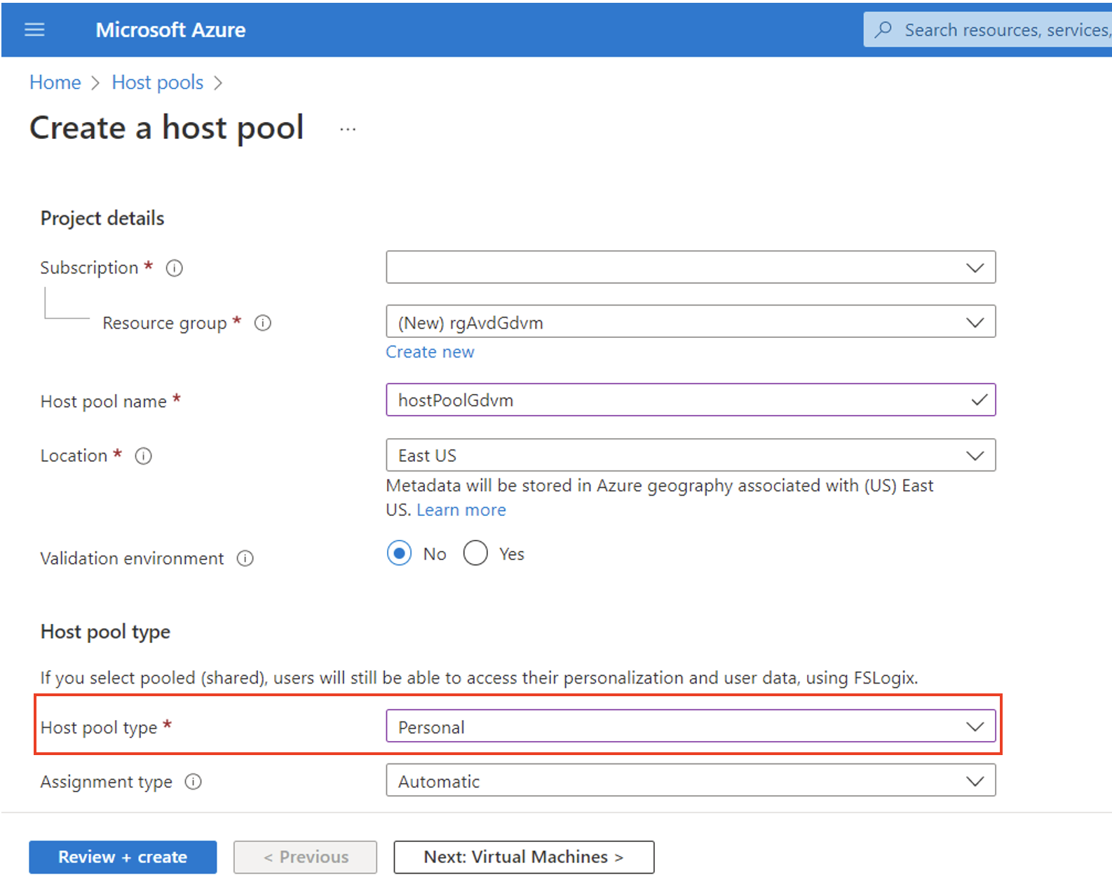 Screenshot showing to use personal host pool type