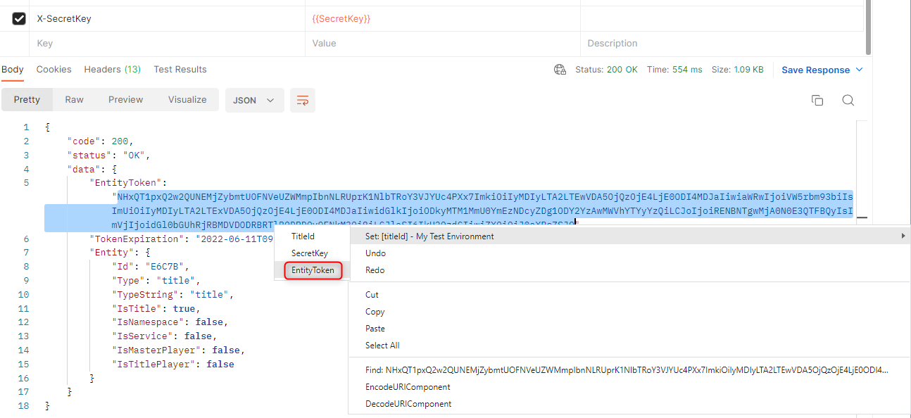 Postman Set Entity Token Variable