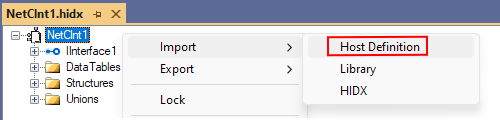 Screenshot shows Visual Studio, HIS design view, and NetCInt1 component node shortcut menu with Import, Host Definition selected.