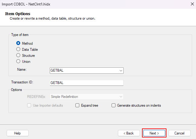 Screenshot shows Item Options box to select item type, such as Method, Data Table, Structure, or Union for IMS.