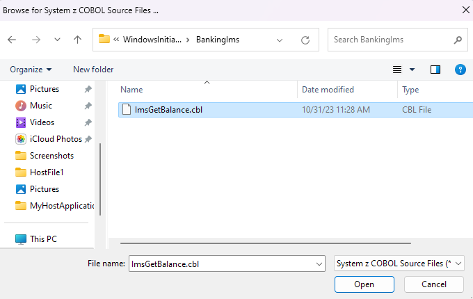 Screenshow shows the file explorer and a selected copybook to use for a IMS host application.