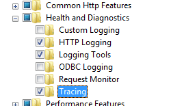 Screenshot of World Wide Web Services tree, with Health and Diagnostics expanded and Tracing selected and outlined.