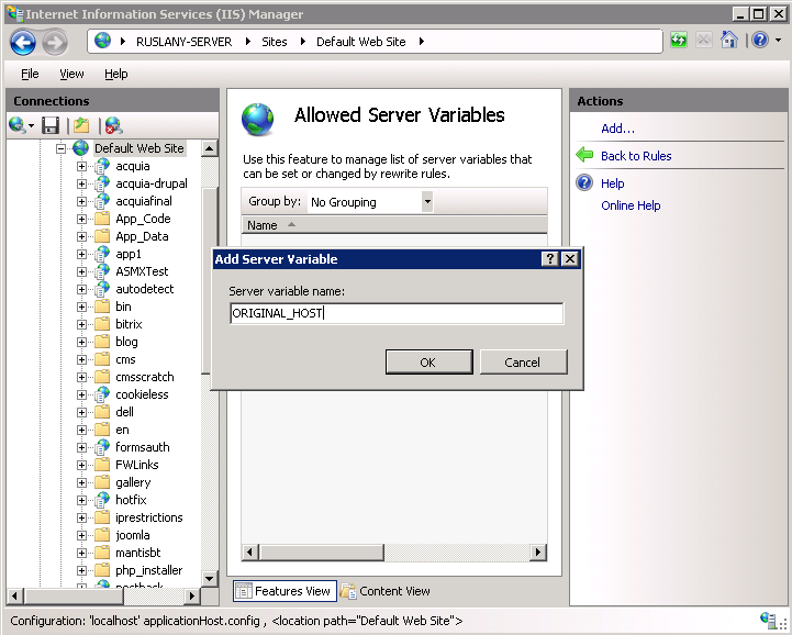 Screenshot of Server variable name set to ORIGINAL underscore HOST.