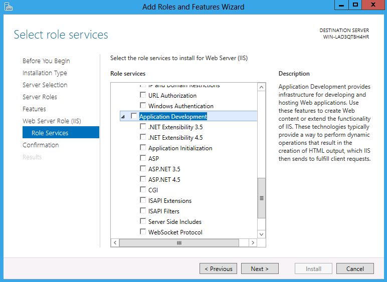 Screenshot of Role Services list with Application Development node highlighted.