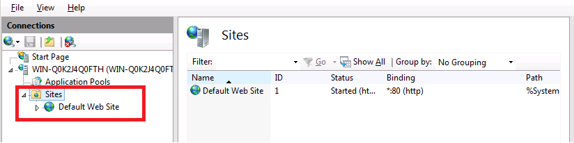 Screenshot of Sites nod expanded with Default Web Site node highlighted.