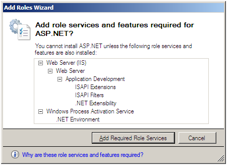 Screenshot of the Add Roles Wizard warning dialog box.