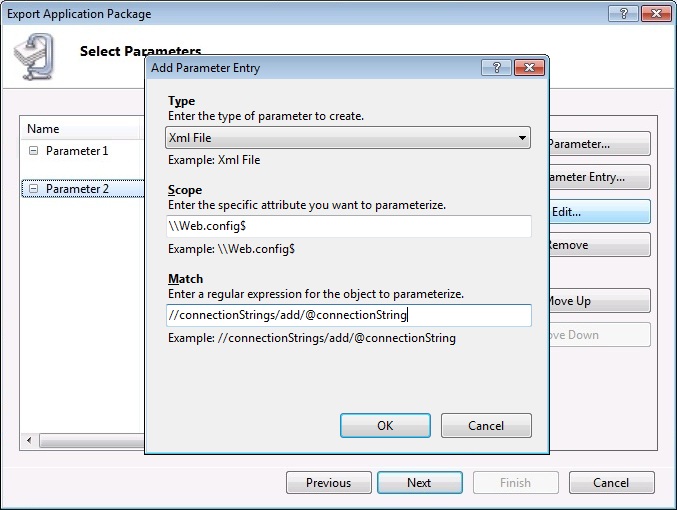 Screenshot of the Add Parameter Entry with a connection string entered in the Match field.