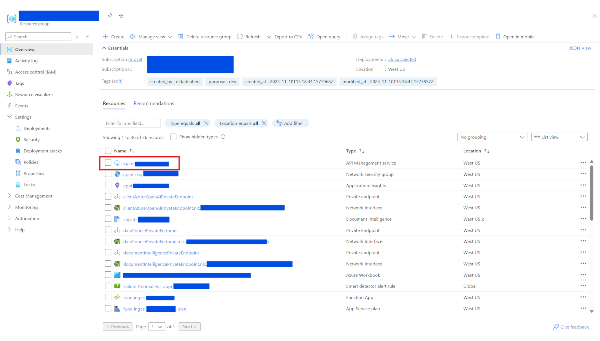 Schermafbeelding van de pagina met de details van de resourcegroep