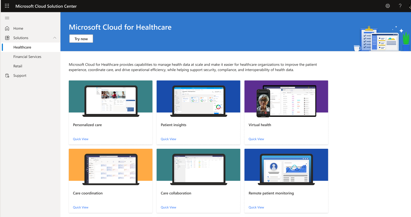 Schermopname van de Microsoft Cloud for Healthcare-pagina.