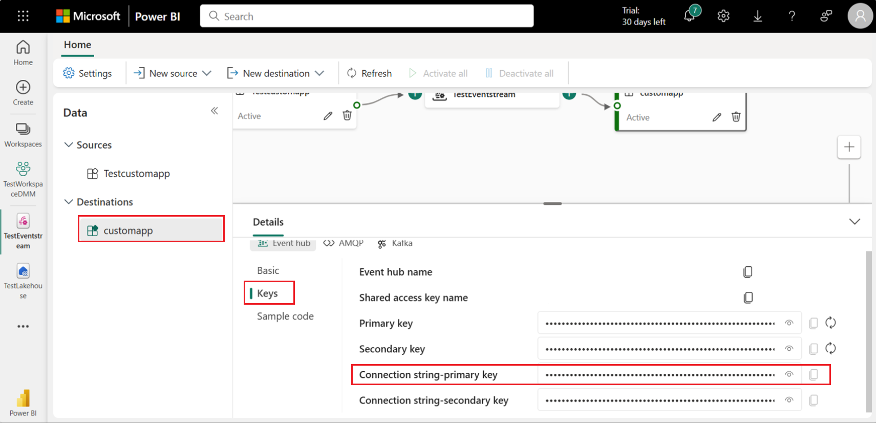 Screenshot of primary connection string for event hubs.