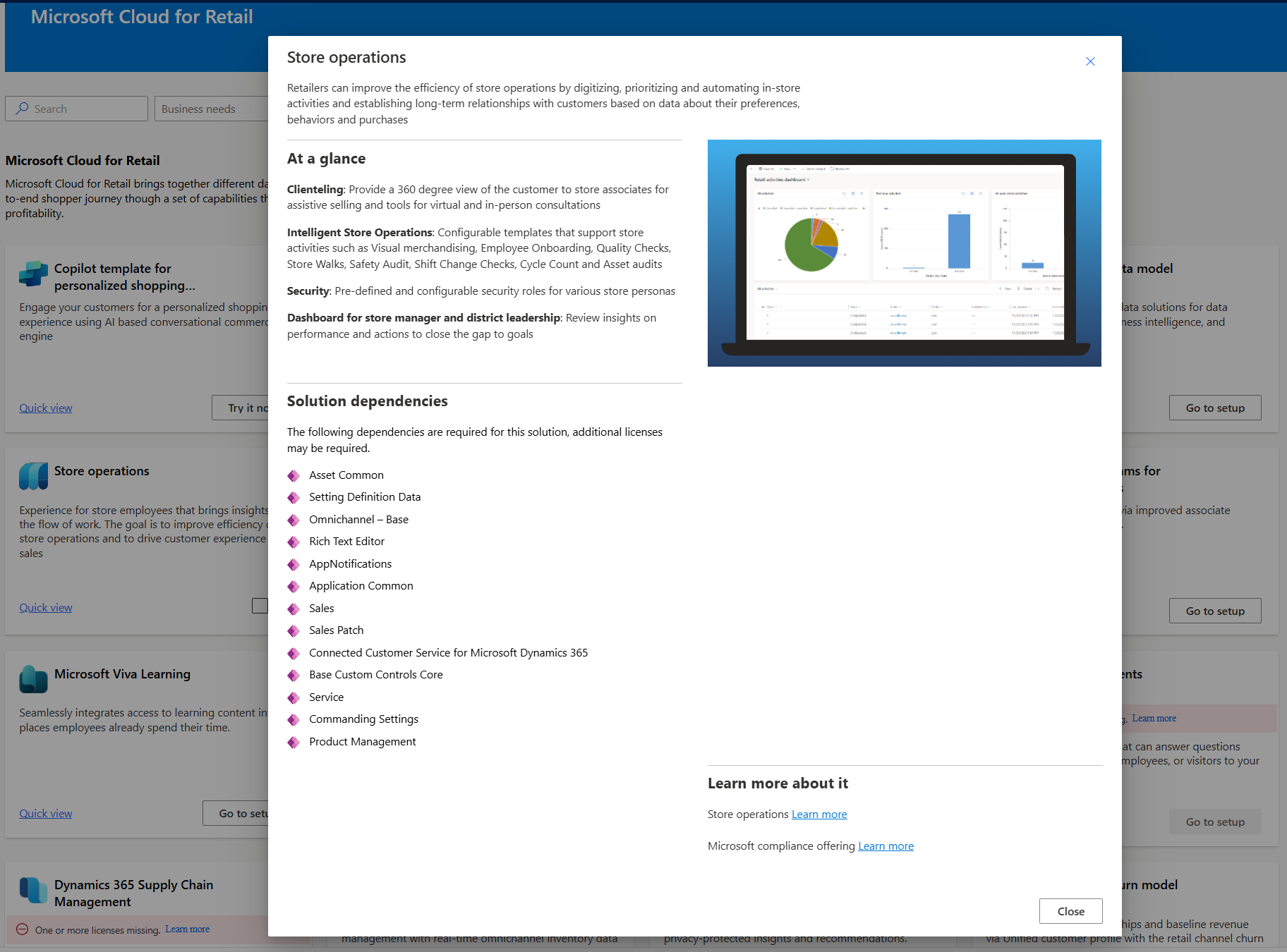 De afbeelding laat de controle op afhankelijkheden vóór de implementatie voor Store Operations zien.