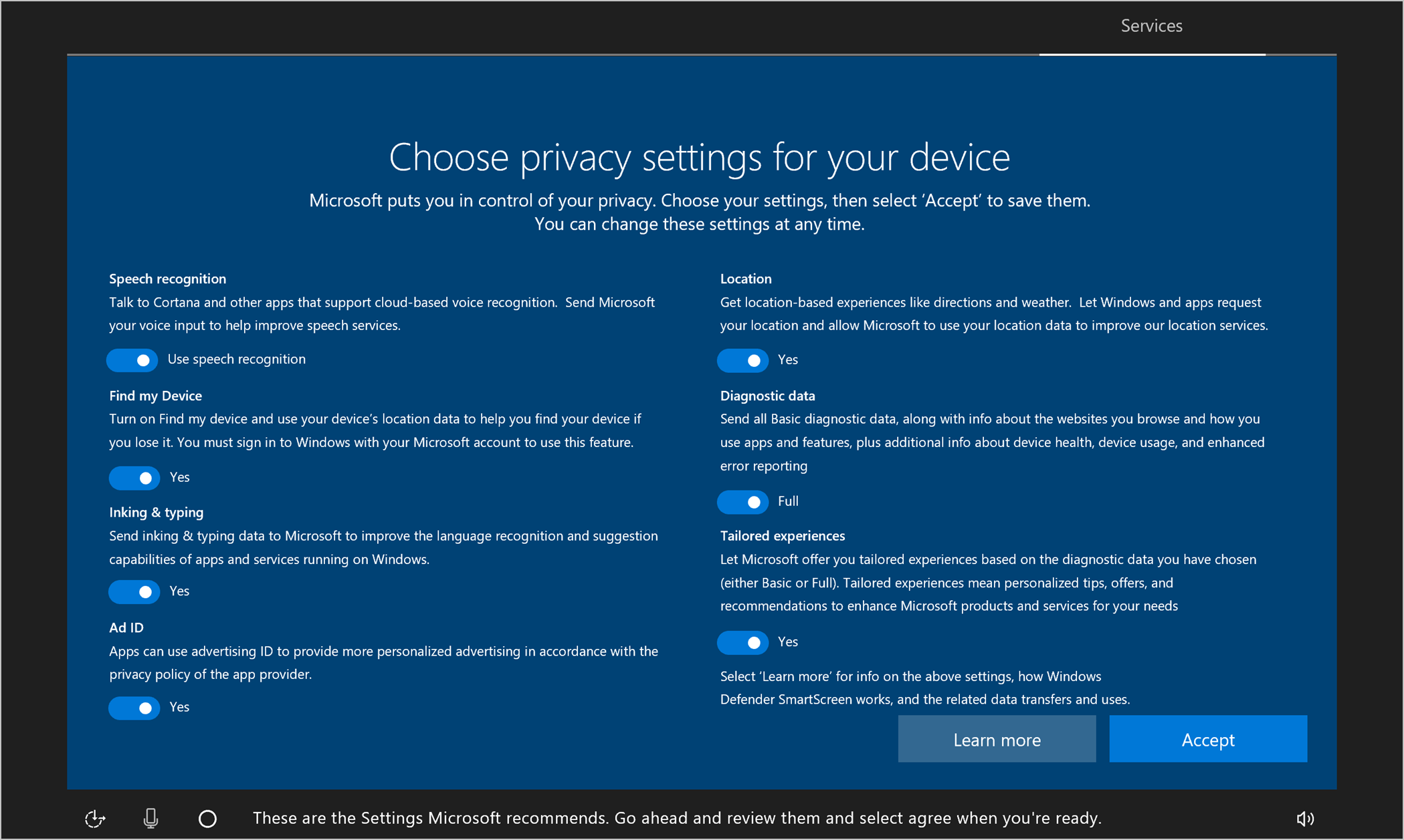 Voor beeld van een scherm opname met de opties voor de privacyinstelling, waarbij sommige instellingen standaard zijn ingeschakeld.