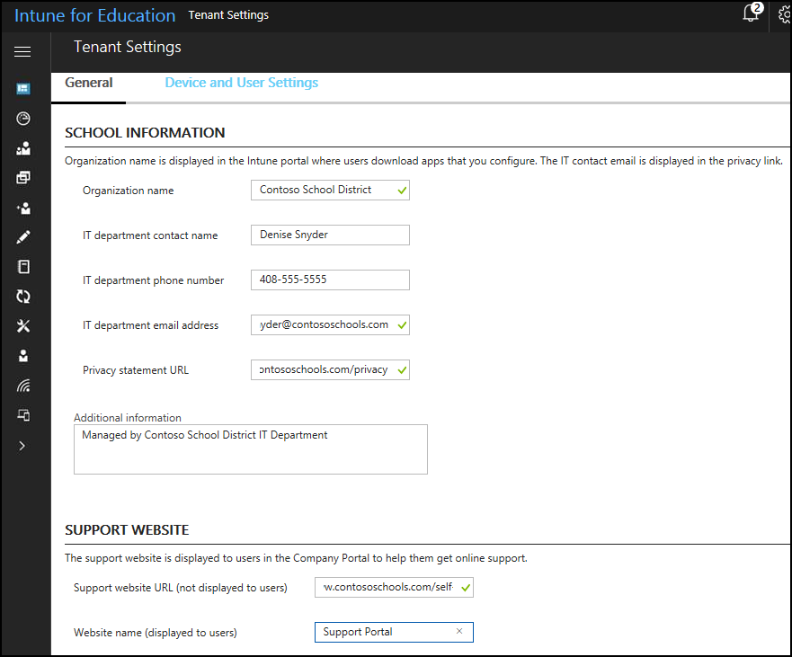 Scherm afbeelding van de optie Tenant-instellingen in Intune for Education-console met school, ondersteunings website en andere informatie. 