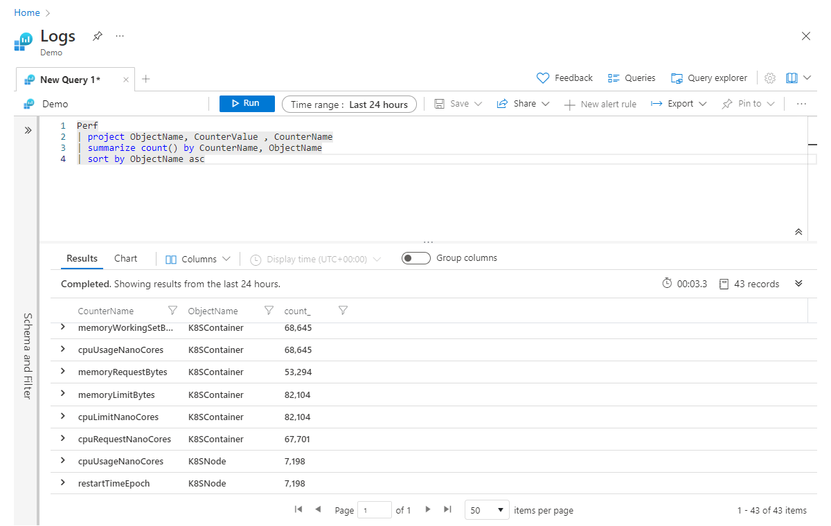 Screenshot of results of summarize operator with two arguments.