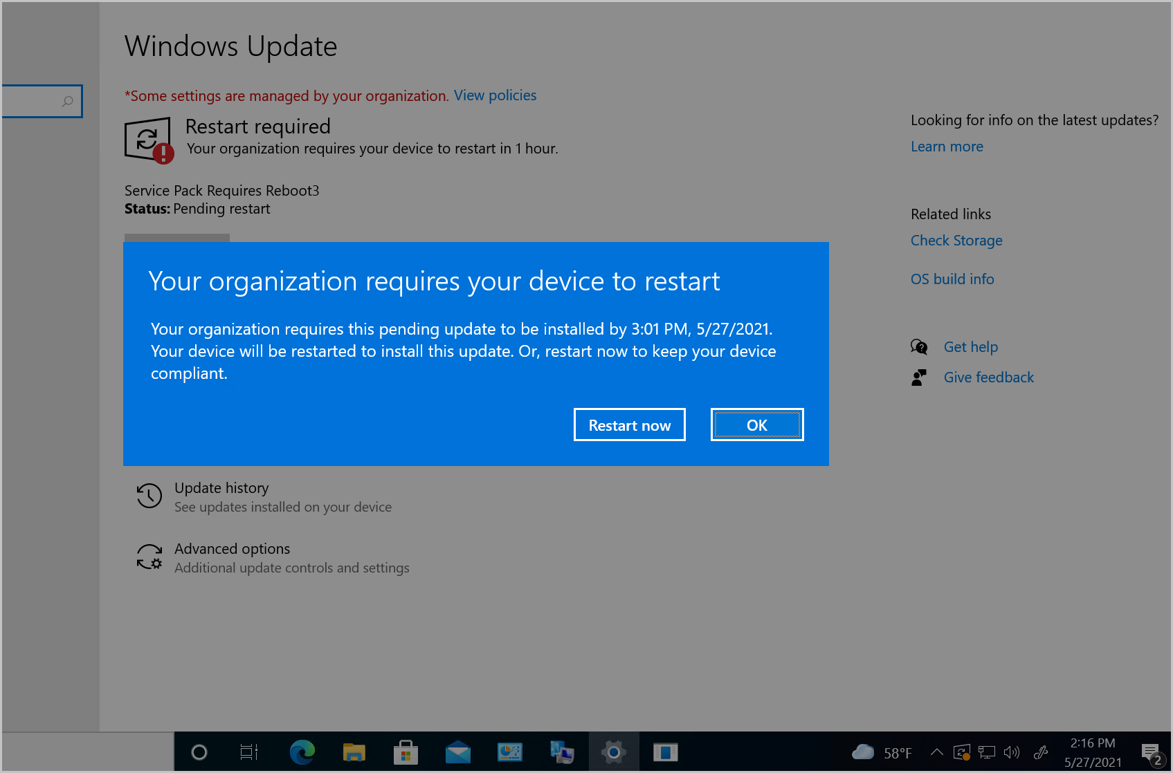 Schermopname van een apparaat dat gebruikmaakt van de systeemeigen Windows Update voor software-updates