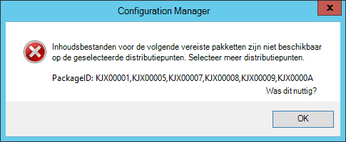 Foutbericht tijdens de wizard takenreeksmedia wanneer inhoud niet beschikbaar is op distributiepunten waarin de ontbrekende pakket-id's worden vermeld.