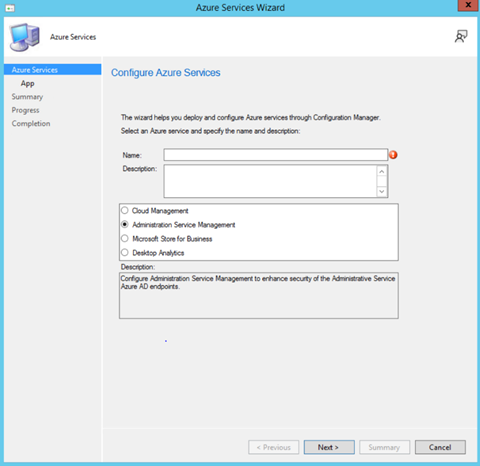 Schermopname van de optie Beheerservice in de wizard Azure-service.