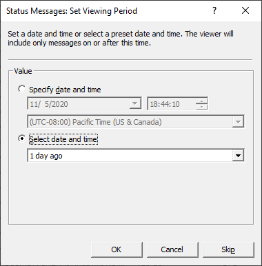 Schermopname van statusberichten: venster Weergaveperiode instellen