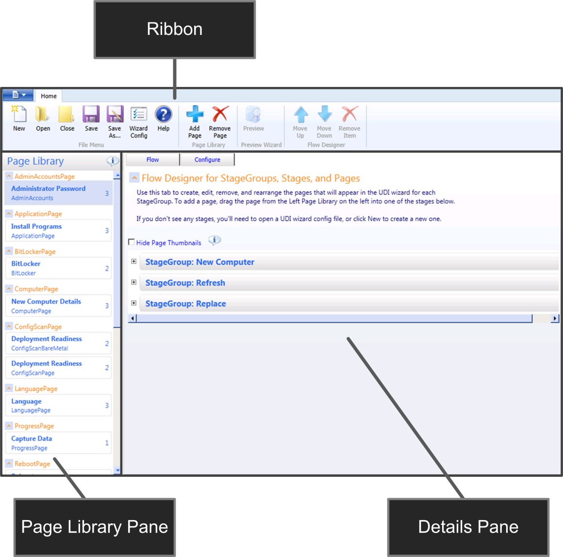 Afbeelding 8. Ui-elementen op hoog niveau van UDI Wizard Designer