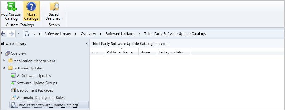 Schermopname van het knooppunt Software-updatecatalogi van derden met het pictogram Meer catalogi op het lint