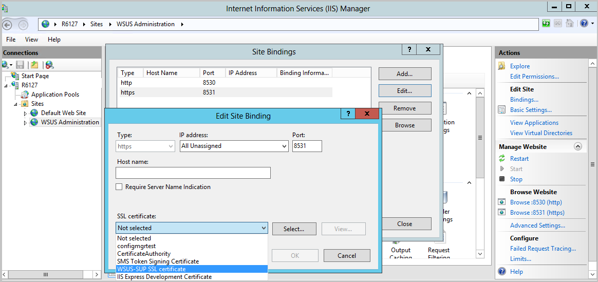 Venster Sitebinding bewerken met SSL-certificaatselectie