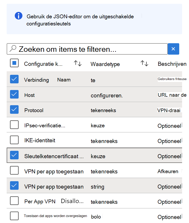 Voeg configuratiesleutels toe aan een configuratiebeleid voor vpn-apps in Microsoft Intune met behulp van configuratie-Designer - voorbeeld.