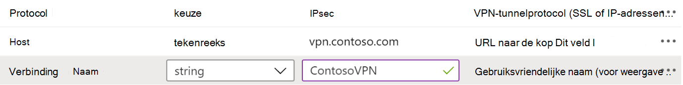 Voorbeelden van protocol, verbindingsnaam en hostnaam in configuratiebeleid voor VPN-apps in Microsoft Intune met behulp van de configuratie-Designer