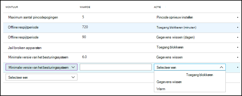 Schermopname van toegangsacties voor app-beveiliging - Minimale versie van het besturingssysteem