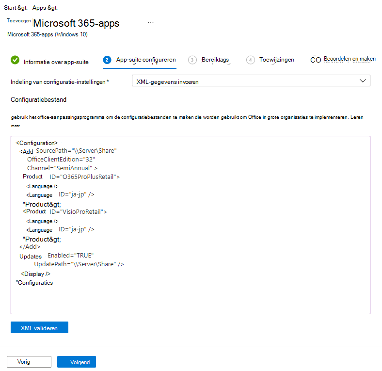 Schermopname: Microsoft 365 - Configuration Designer - XML-voorbeeld toevoegen.