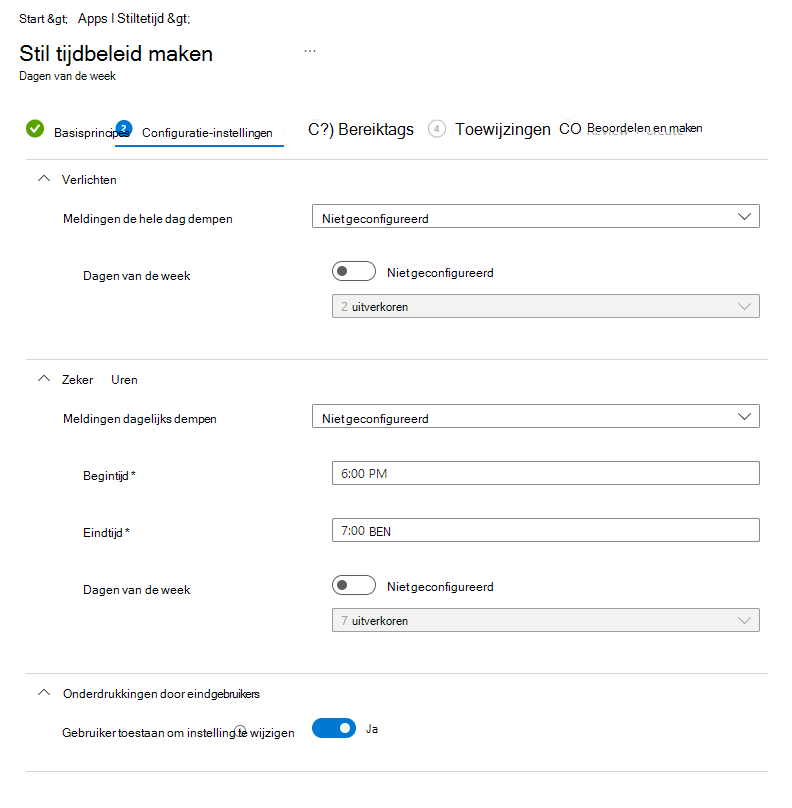 Schermopname van de Microsoft Intune stiltetijd - Dagen van de weekbeleid configureren