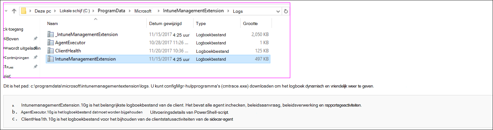 Schermopname of voorbeeld van cmtrace-agentlogboeken in Microsoft Intune