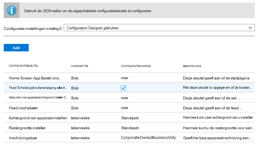 Indeling van configuratie-instellingen - JSON-gegevens invoeren