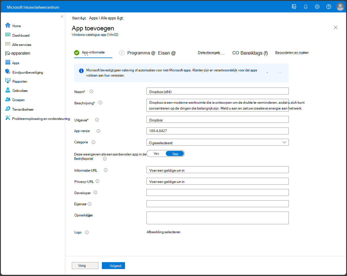 App-informatie opnemen bij het toevoegen van een App-catalogus-app voor ondernemingen