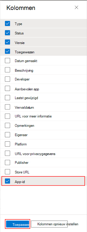 Schermopname die laat zien hoe u de kolom App-bundel-id selecteert in Alle apps in Microsoft Intune en het Intune-beheercentrum.