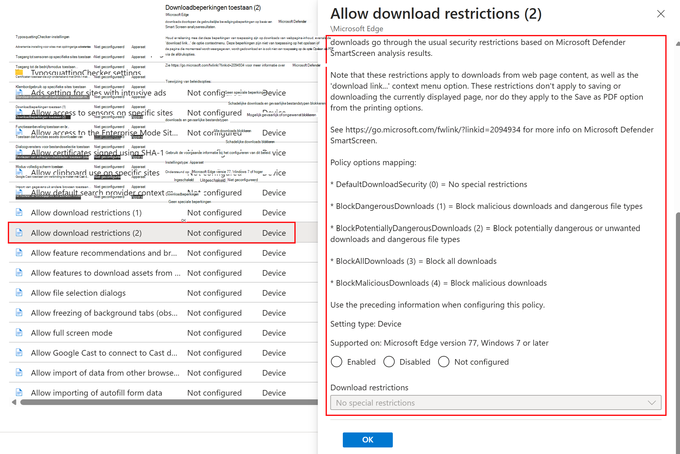 Schermopname van ADMX-sjabloon voor Microsoft Edge selecteren en een voorbeeldinstelling selecteren in Microsoft Intune en Intune beheercentrum.