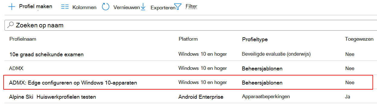 Schermopname van de ADMX-beleidsinstelling wordt weergegeven in de lijst met apparaatconfiguratieprofielen in Microsoft Intune en Intune beheercentrum.