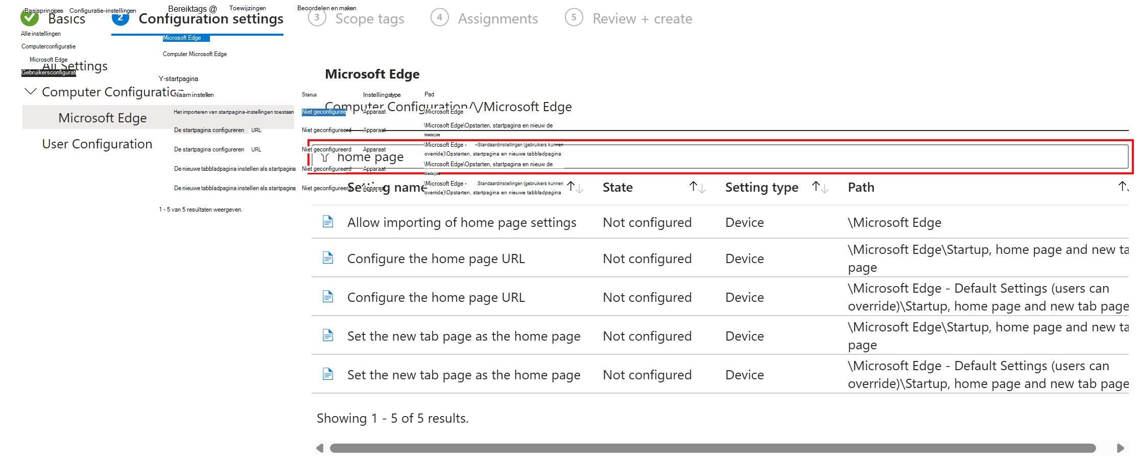 Schermopname van De zoekopdracht gebruiken om ADMX-instellingen te filteren in Microsoft Intune en Intune beheercentrum.