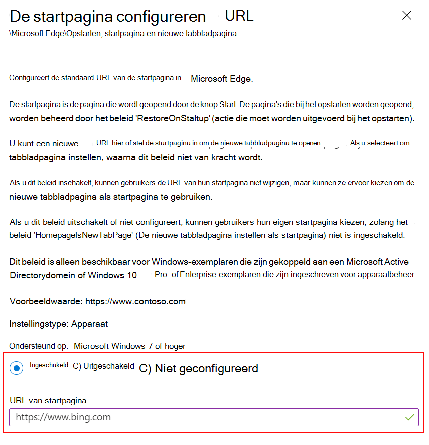 Schermopname van De URL van de Microsoft Edge-startpagina instellen op een website met behulp van ADMX-sjablonen in Microsoft Intune en Intune beheercentrum.